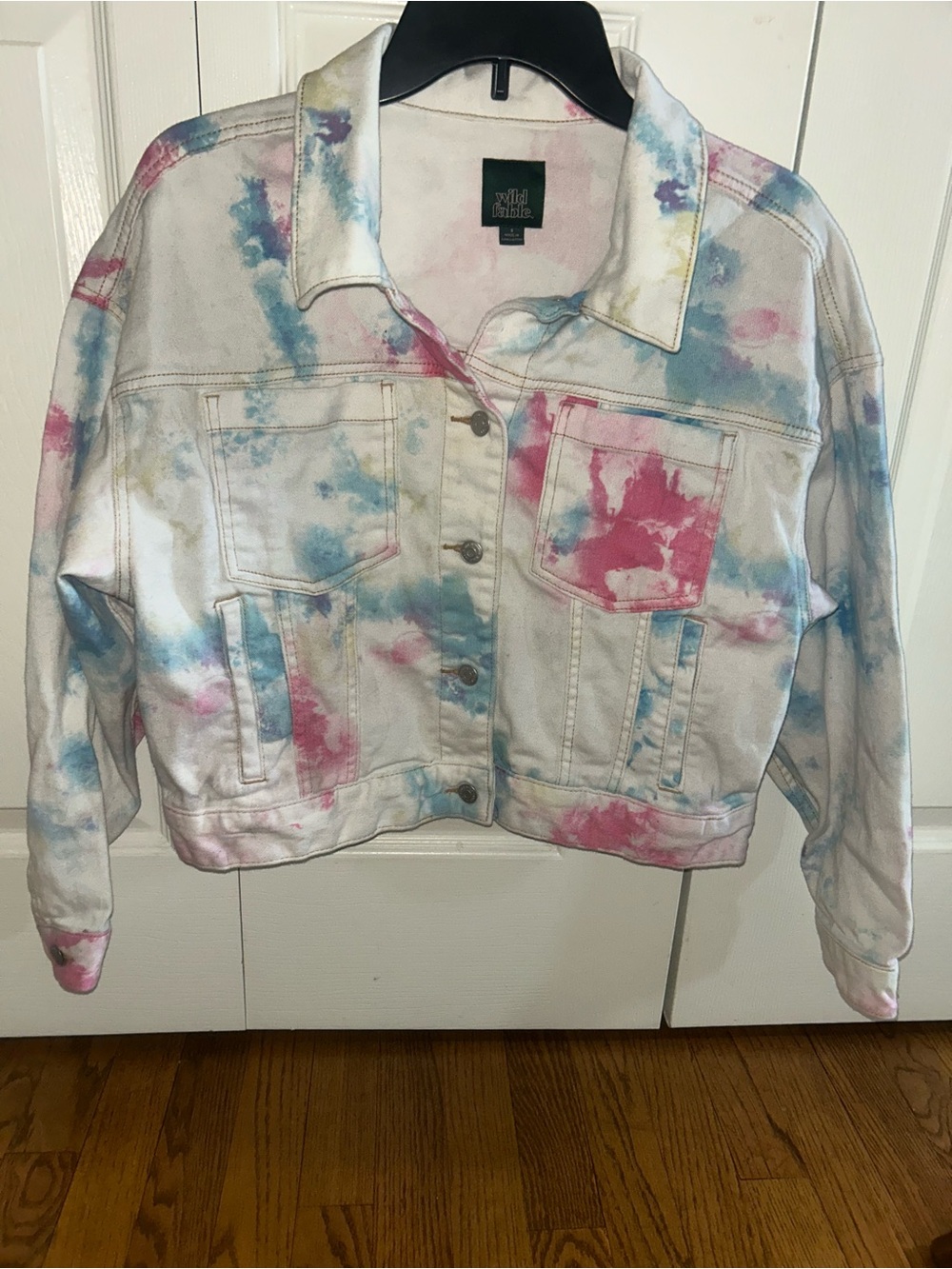 wild fable White Tie-Dye Jean Jacket with Pink & Blue Accents